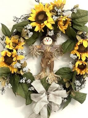 Sunflower Fall Wreath Front Door Decor Handmade Autumn Wreath Scarecrow Harvest